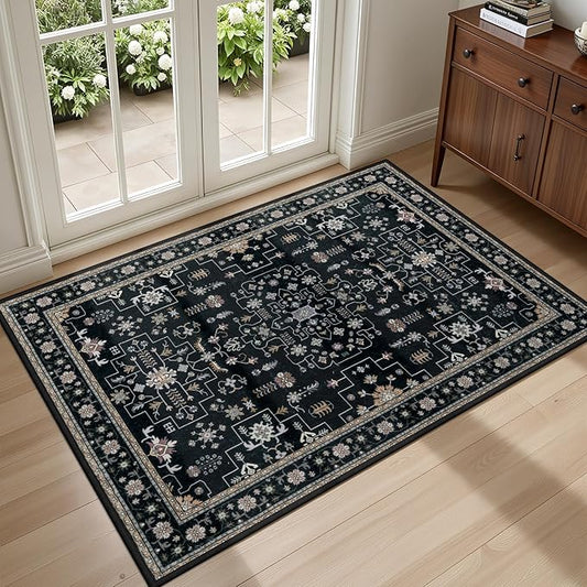 2x3 Area Rugs Living Room Rug: Washable Vintage Boho Medallion Rug No Slip Stain Resistant Soft Carpet Indoor Floor Large Carpets for Bedroom Dining Room Farmhouse Nursery Hallway Home Office Black