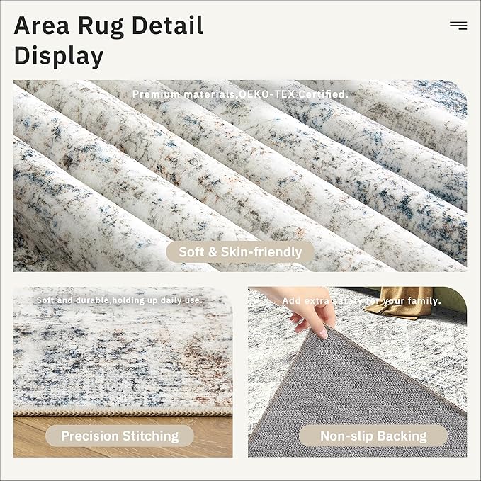 6x9 Area Rug for Living Room Washable 6x9 Non-Slip Modern Rugs for Bedroom Dinning Room Ultra-Thin Indoor Blue Ivory