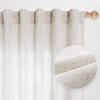 MYSKY HOME Linen Curtains for Sliding Glass Door, Back Tab Semi Sheer Curtain Panels Extra Long Floor Length Drapes Linen Texture Soft Touch Country Curtains, 50x102 Inch, Linen, Set of 2