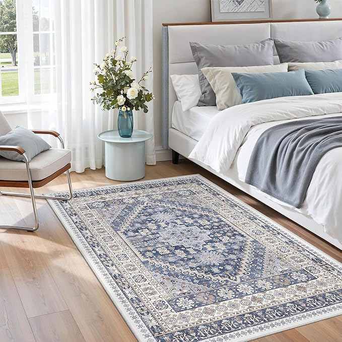 zesthome 3x5 Rug Ultra Soft Washable Rug, Non Slip Area Rug Indoor Entrance, Stain Resistant Rugs for Living Room Bedroom, Vintage Home Decor Area Rugs (Blue/Beige,3'x5')