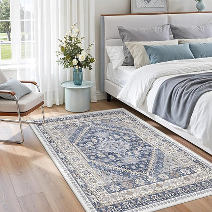 zesthome 3x5 Rug Ultra Soft Washable Rug, Non Slip Area Rug Indoor Entrance, Stain Resistant Rugs for Living Room Bedroom, Vintage Home Decor Area Rugs (Blue/Beige,3'x5')