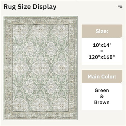 10x14 Area Rugs for Living Room, Non Slip Machine Washable Vintage Rugs, Low Pile Lightweight Large Rug for Bedroom, Dining Room, Home Office Green/Brown