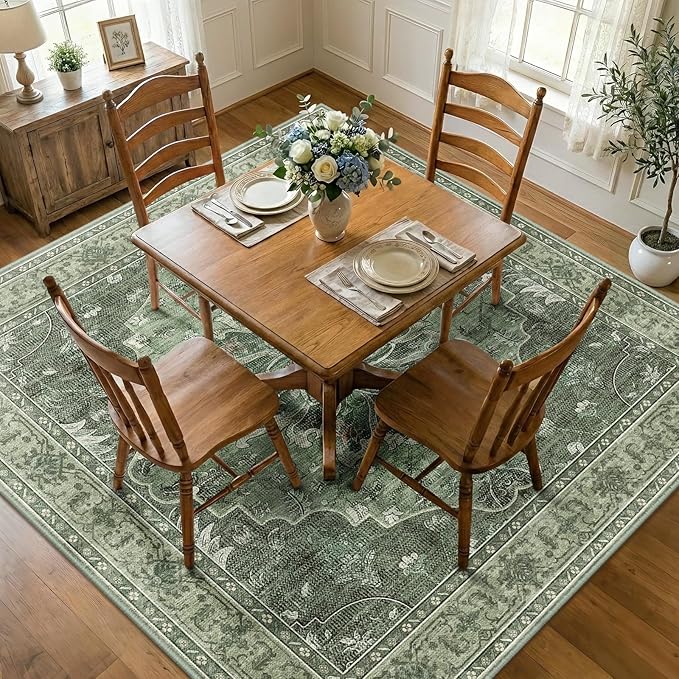 RELEANY Area Rugs Square 8ft Washable Non-Slip, Floral Vintage Distress Print Pattern Medallion Carpet for Living Room Bedroom Dining Room, Dark Green Gray