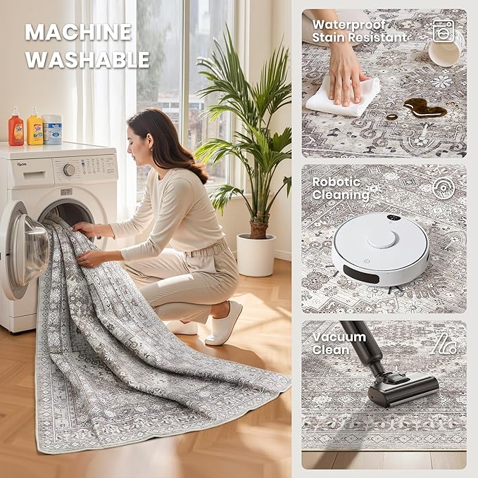 zesthome 8x10 Area Rugs for Living Room,Non-Slip Backing Washable Rugs,Vintage Large Area Rug，Stain Resistant Home Decor Rug (Brown/Beige,8'x10')