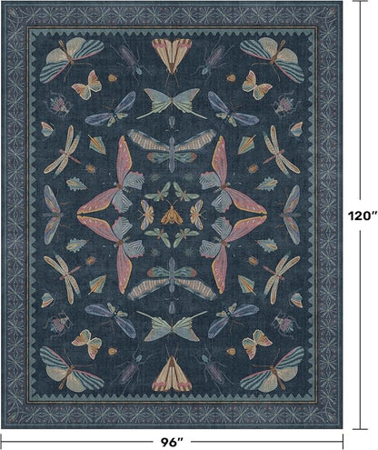 8x10 Large Farmhouse Rugs for Living Room - Unique Washable Area Rug for Bedroom, Dining Room Under Table, Boho & Insect Design, Vintage Moth Décor, Low Pile Soft Carpet (Dark Blue)