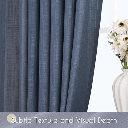 Navy Blue Curtains 90 inch Length for Bedroom Back Tab Light Filtering Semi Sheer Blue Living Room Curtains Linen Cotton Textured Indigo Blue Drapery Panel Modern Aesthetic Decor 42" Wx90 L