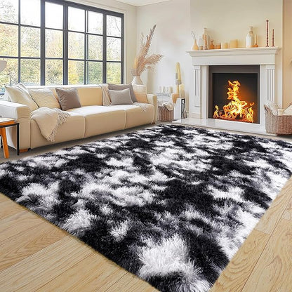 Pionblank Super Fluffy Area Rug for Living Room 5x7 Feet, Modern Indoor Shaggy Carpet, Soft Plush Non Slip Rugs for Bedroom Kids Room Cloakroom Home Decor, Black White