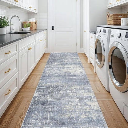 Washable Abstract 14ft Runner Rug: Non-Slip Low-Pile Rug Runner Soft Beside Carpet Indoor Farmhouse Entryway Floor Mat Bathroom Living Room Stain Resistant Area Rugs Cozy Home Decor(2'6x14,Blue/ivory)