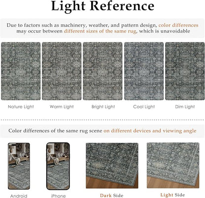 9x12 Washable Area Rug for Living Room Bedroom Vintage Black Grey Non Slip Carpet Traditional Retro Soft Low Pile Large Throw Rug for Dining Room Kitchen Office Indoor