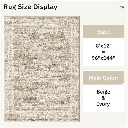 Soalmost Washable Area Rug 8x12, Large Soft Rugs for Living Room Vintage Brown Carpet 8x12 Area Rugs for Bedroom Dining Room Non-Slip Stain Resistant Under Table Rug