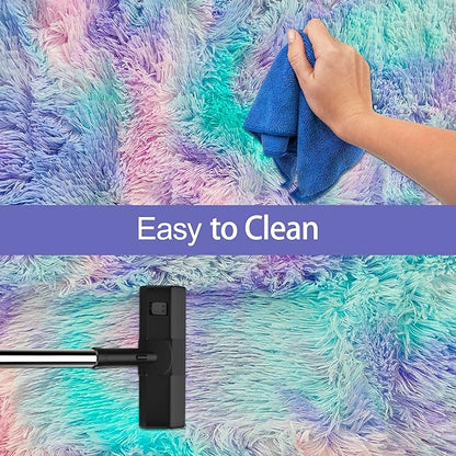 Super Soft Fluffy Living Room Area Rug 2x5 ft Purple Rainbow Tie-Dyed Shaggy Furry Carpet Washable Non-Slip Carpets Bedroom Bedside Nursery Rug Cute Colorful Room Decor for Girls