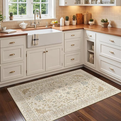 Madane Washable Area Rug 2x3, Small Entryway Rug Non-Slip Vintage Door Mat Indoor Entrance, Low Pile Floor Carpet for Inside Front Door Bedroom Kitchen Entry Laundry (2'x3', Beige/Blue)