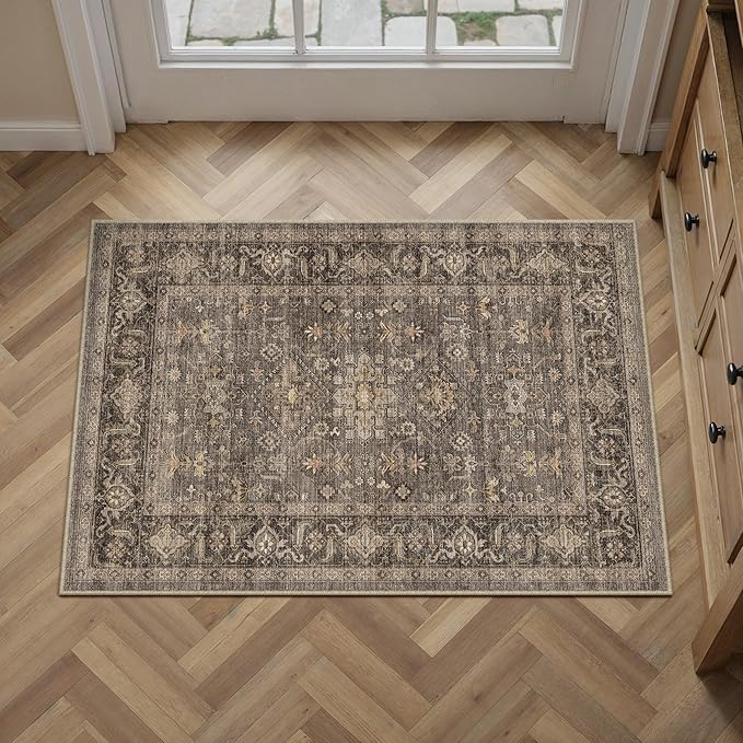 2x3 Washable Area Rug for Entryway Kitchen Vintage Brown Non Slip Low Pile Door Mat Traditional Retro Soft Small Carpet for Bathroom Bedroom Indoor Entrance Dorm