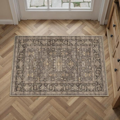 2x3 Washable Area Rug for Entryway Kitchen Vintage Brown Non Slip Low Pile Door Mat Traditional Retro Soft Small Carpet for Bathroom Bedroom Indoor Entrance Dorm