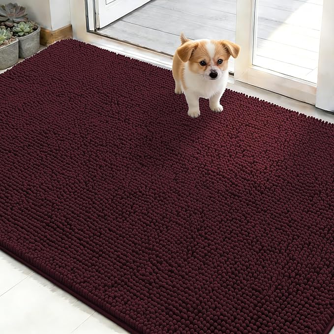 OLANLY Dog Door Mat for Muddy Paws 48x30, Absorbs Moisture and Dirt, Absorbent Non-Slip Washable Doormat, Quick Dry Chenille Mud Mat for Dogs, Entry Indoor Entryway Carpet for Inside Floor, Russet