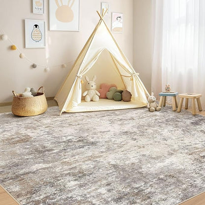 UERMEI Square Area Rugs : Washable 8x8 Neutral Modern Abstract Carpet for Living Room Bedroom - Soft Floor Mat with Non Slip Backing for Kitchen Nursery Dorms Farmhouse Home Decor - Brown Grey