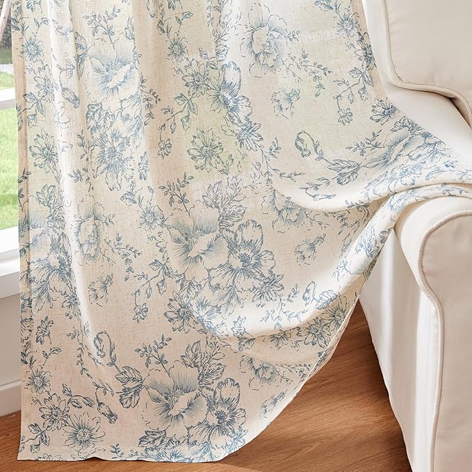 jinchan Linen Blend Curtain Floral Curtains for Living Room 90 Inch Length Blue Printed Curtain Rod Pocket Back Tab Farmhouse Peony Flower Patterned Drapes Bedroom Window Curtains Set 2 Panels