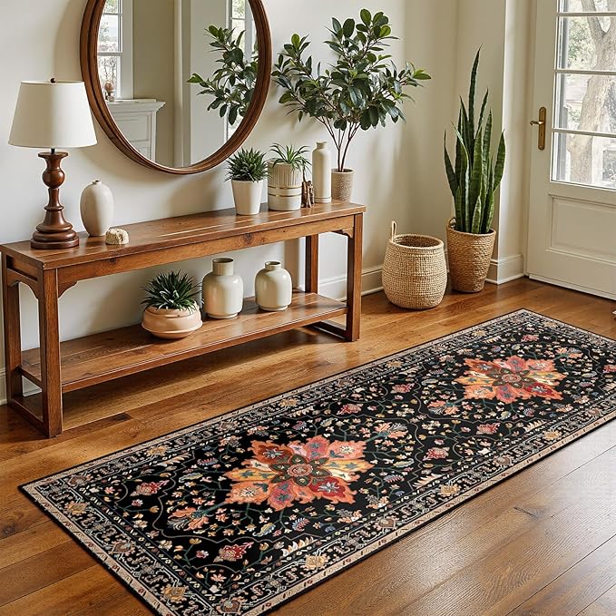 Area Rugs 2'x5' Runner Rug Non Slip Washable for Kitchen Hallway Bedroom Beside Laundry Room Bathroom Rug, Floor Carpet, Black Colorful Floral Dark Tan