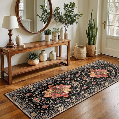 Area Rugs 2'x5' Runner Rug Non Slip Washable for Kitchen Hallway Bedroom Beside Laundry Room Bathroom Rug, Floor Carpet, Black Colorful Floral Dark Tan