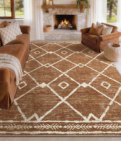 YIHOUSE Western Area Rugs for Living Room 5x7, Moroccan Aztec Burnt Orange Rug, Southwestern Soft Low-Pile Washable Rugs for Bedroom, Dining Room