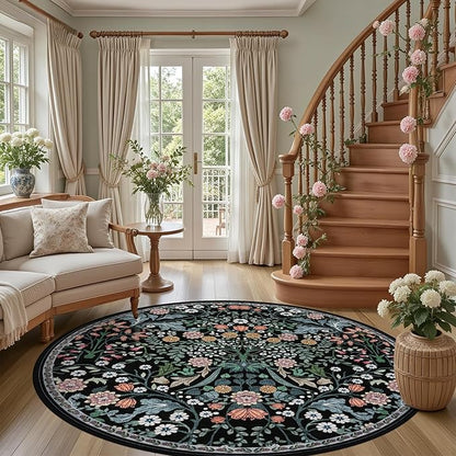Round Area Rug for Living Room: 6 ft Floral Washable Circle Rug Soft Boho Non-Slip Carpet Indoor Stain Resistant Low Pile Small Circular Rug for Bedroom Entryway Kitchen Nursery Home Office Dark Black