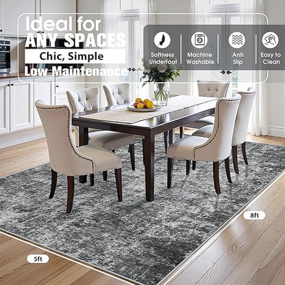 5x8 Area Rugs for Living Room Rug Washable: Abstract Rug for Dining Room Bedroom Carpet Non Slip 5 by 8 Indoor Modern Nursery Home Office Black Grey