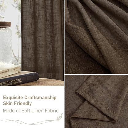 LAMIT Linen Curtains 45 Inch Length 2 Panels, Light Filtering Panels Back Tab and Rod Pocket Neutral Drapes for Kitchen/Window/Loft Room/Bedroom, 34 x 45 Inch Dark Brown