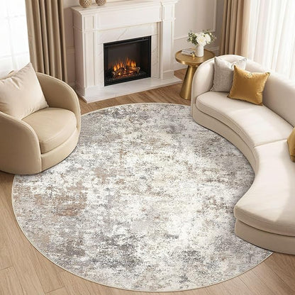 UERMEI 6ft Round Area Rug Living Room Rugs - 6x6 Washable Neutral Modern Abstract Soft Thin Rug Indoor Floor No Slip Rug Carpet for Bedroom Under Dining Table Home Office Decor - Brown Grey