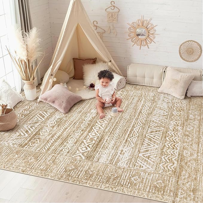 Washable Area Rug 5x7: Moroccan Rug for Living Room Geometric Boho Rug Farmhouse Non Slip Stain Resistant Rugs Low Pile Soft Carpet for Bedroom Dining Room Home Office Kids Room (Light Brown,5'x7')