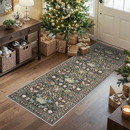 Hallway 2x5 Washable Runner Rug: Oriental Floral Stain Resistant Rug for Entryway Kitchen Farmhouse Soft Carpet for Bathroom Bedroom Thin Laudry Living Room Floor Mat with Non Slip Backing(2x5,Green)