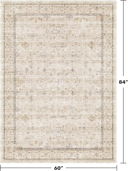 Washable Ivory 5x7 Rug for Bedroom, Home Office, Non Slip Dinning Rugs for Under Table, Low Pile Neutral Farmhouse Retro Living Room Carpet