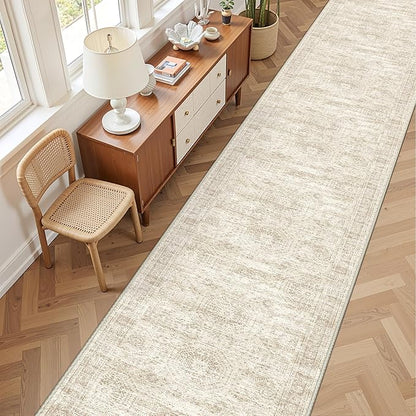 3x16 Washable Runner Rug for Hallway, Non-Slip Long Hallway Runner for Entryway, Soft Vintage Kitchen Mats for Floor, Abstract Dining Room, Bedroom, Living Room Rugs(3'x16', Beige/Ivory)