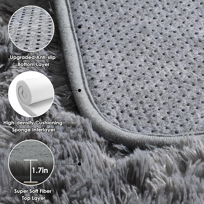 ONASAR Grey 3x5 Rugs for Bedroom, Fluffy Gray Bedside Area Rug, Ultra Soft Shaggy Fuzzy Plush Small Floor Carpets for Living Room College Dorm Teen Kids Boys Home Decor Aesthetic