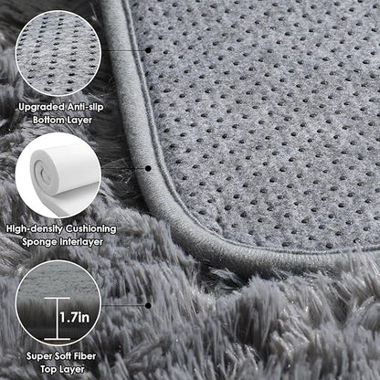 ONASAR Grey 3x5 Rugs for Bedroom, Fluffy Gray Bedside Area Rug, Ultra Soft Shaggy Fuzzy Plush Small Floor Carpets for Living Room College Dorm Teen Kids Boys Home Decor Aesthetic