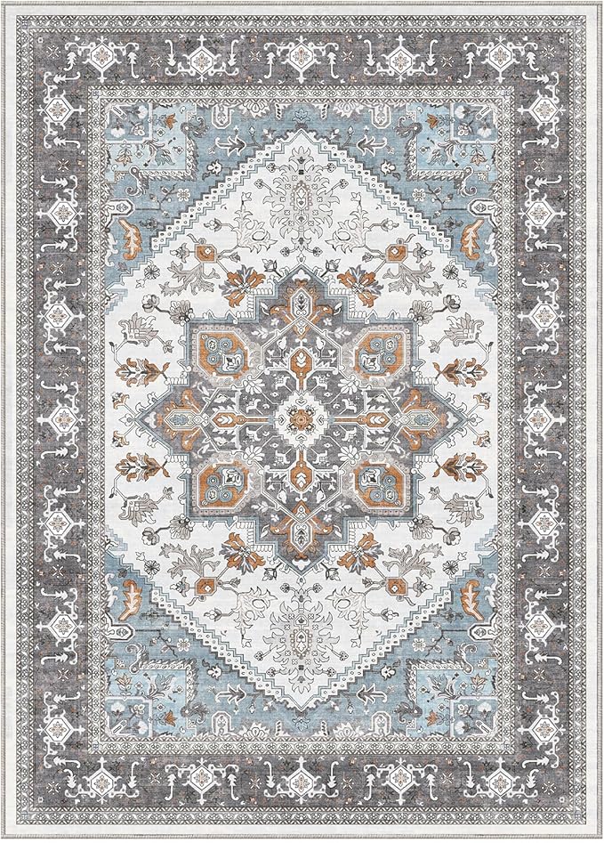 OPPODREAM Soft Area Rugs 3x5, Washable Rugs with Non Slip Backing, Low-Pile Throw 3x5 Carpet, Faux Cashmere 3 x 5 Carpet, Grey & Teal & Yellow