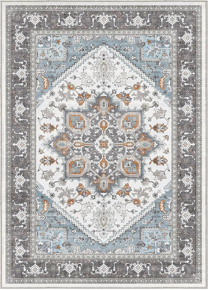 OPPODREAM Soft Area Rugs 3x5, Washable Rugs with Non Slip Backing, Low-Pile Throw 3x5 Carpet, Faux Cashmere 3 x 5 Carpet, Grey & Teal & Yellow