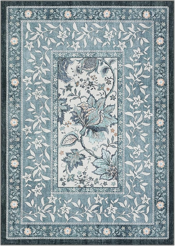 GarveeHome Provence 8x10 Area Rugs for Living Room, Botanical Grove Retro Blue Cottagecore Washable Rug for Bedroom Dining Nursery Low-Pile Vintage Large Carpet