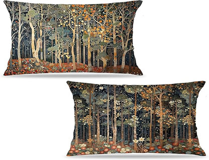 Rustic William Morris Inspired Autumn Forest Pillow Covers 12x20 Set of 2,Vintage Botanical Nature Landscape Decorative Throw Pillow Covers for Home Bedroom Living Room,Fall Home Room Decor