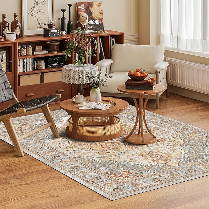 Washable Area Rug 8' x 10' Vintage Traditional Persian Mat - Foldable Distressed Non-Slip Machine Washable Carpet for Living Room Bedroom Kitchen Home Decor - Dove Gray and Coral