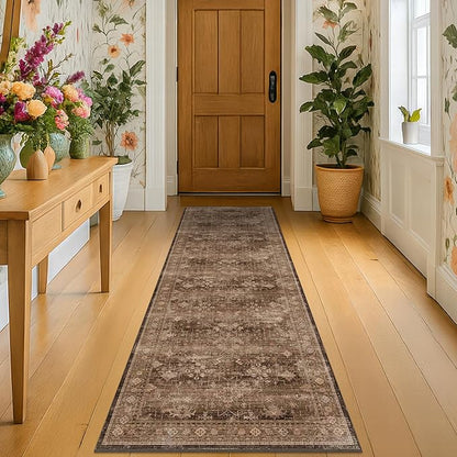 Brown Boho Washable 2x6 Runner Rugs for Hallway Kitchen Bedroom Beside Laundry Room Bathroom Rug, Pet & Kids Friendly, Non Slip Low Pile Stain Resistant Soft Faux Wool Long 24 x 72 Floor Carpet