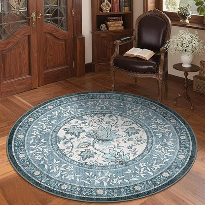 GarveeHome Misty Blue Botanical Grove 5ft Round Rug, Small Circle Vintage Cottagecore Soft Low-Pile Non-Slip Washable Rugs for Living Room Bedroom Nursery Kitchen Retro Carpet