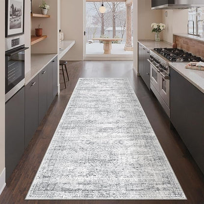 3x8 Runner Rug Non Slip Washable for Entryway, Vintage Hallway Runner for Front Porch, Laundry Room, Bedroom, Abstract Stain Resistant Thin Indoor Kitchen Mats for Floor(3'x8', Grey/Ivory)
