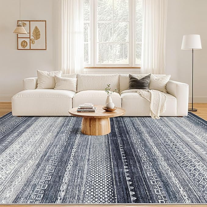 Nakagishi 10x14 Area Rugs Living Room: Washable Boho Large Neutral Modern Soft Stain Resistant Farmhouse Indoor Rug Non-Slip Accent Carpet for Bedroom Nursery Kids Playroom Office Dining Room- Blue