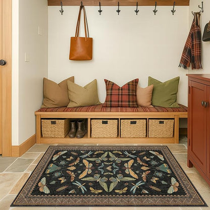 Green and Black Rug for Entryway Indoor- 3x6 Kitchen Floor Mats Non Slip, Washable Dark Unique Insect Print Rugs for Entry Way, Mudroom, Vintage Stain Resistant Indoor Décor