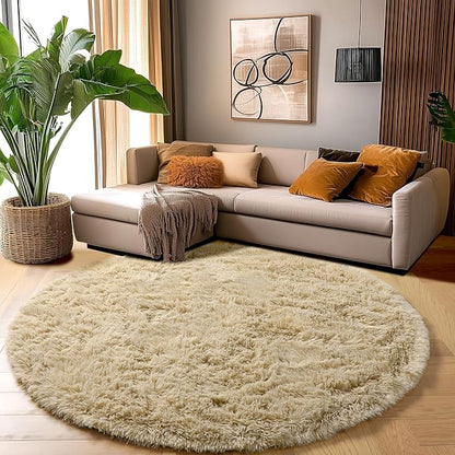 Amdrebio Beige Round Area Rug 6Ft for Living Room Bedroom, Fluffy Plush Shag Furry Circle Rugs for Kids Room Decor Aesthetic, Fuzzy Tan Neutral Circular Carpet for Baby Nursery Classroom Teens Dorm