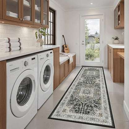 Madane Washable Kitchen Runner Rug 2x6, Ultra-Thin Non-Slip Hallway Runner, Stain Resistant Vintage Entryway Carpet Runner, Pet Friendly Low Pile Runners, Grey Green/Black Olive