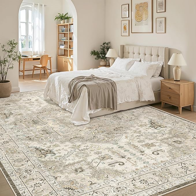 Madane Washable Rug 8x10 Area Rugs for Living Room, Ultra-Thin Non-Slip Backing Rug, Stain Resistant Vintage Large Area Rug for Bedroom (Ivory/Brown, 8'x10')