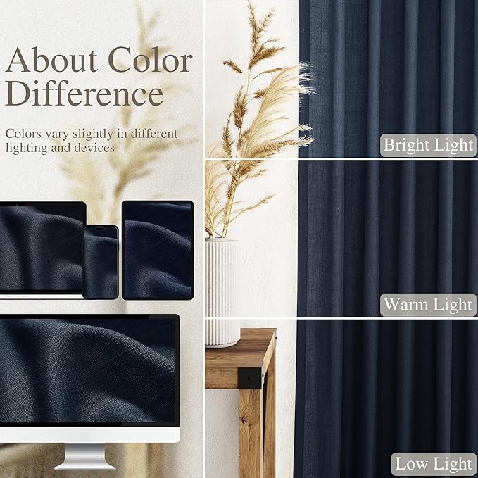 Navy Blue Linen Sheer Curtains 108 Inches Long Back Tab Rod Pocket 2 Panels Semi Sheer Extra Long Curtains Light Filtering Modern Boho Drapes for Living Room Luxury Floor Length Curtain 9Ft 40x108