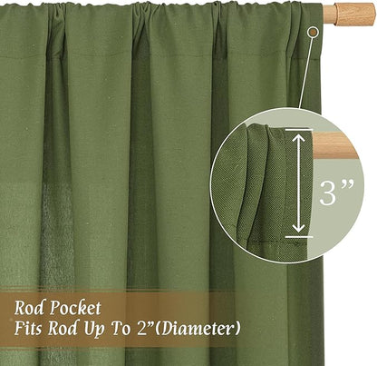 LAMIT Linen Curtains 45 Inch Length 2 Panels Set for Bedroom, Light Filtering Semi Sheer Neutral Short Decorative Window Rod Pocket Christmas Decor Drapes for RV/Basement, 42 X 45 Inch, Olive Green
