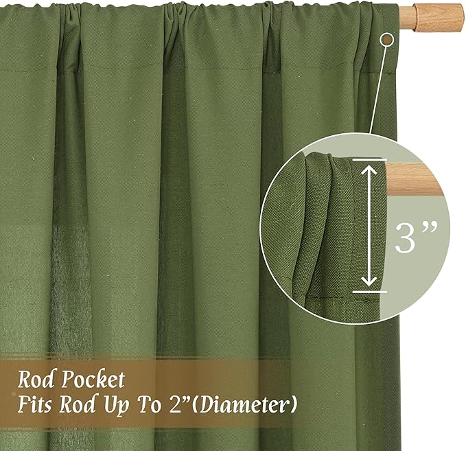 LAMIT Faux Linen Curtains 63 inches Long for Bedroom, Rod Pocket Thick Linen Drapes Light Filtering Privacy Window Christmas Decor Curtains for Living Room, 2 Panels (52 x 63 Inch, Olive Green)